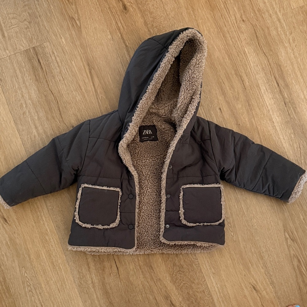Zara Dark Gray Hooded Jacket with Faux Fur